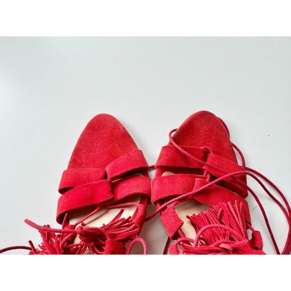 LOEFFLER RANDALL Luz Red Suede Leather Lace-Up Tassel Tie Block Heels, Size 10 - Picture 5 of 16